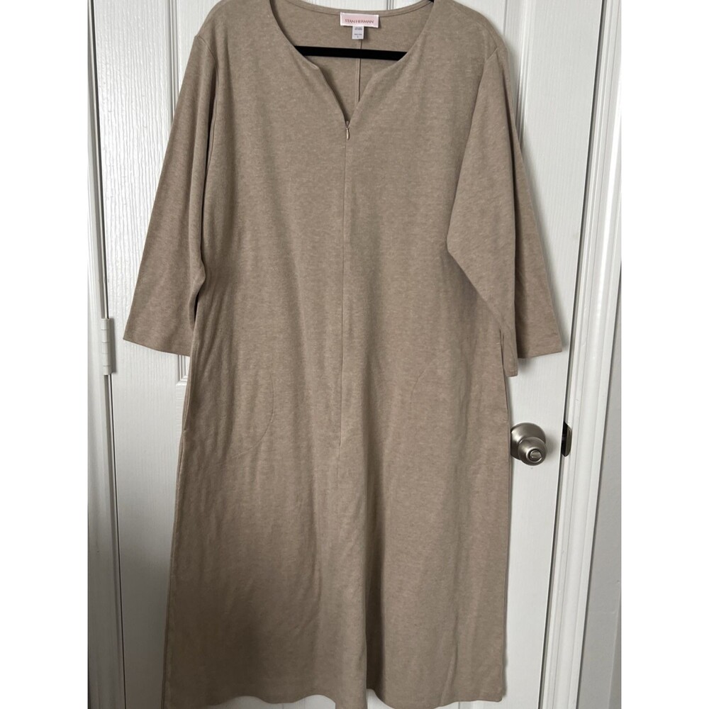 Stan Herman Knit Half Zip Kaftan Robe Women's Large Beige Pockets